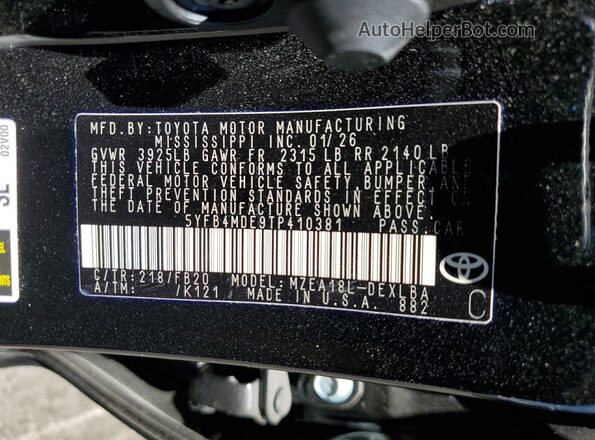 5YFB4MDE9TP410381 2026 TOYOTA COROLLA Black Вид наклейки з VIN-кодом
