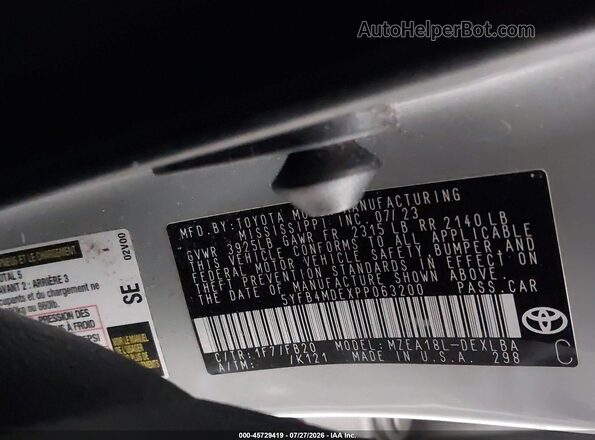 5YFB4MDEXPP063200 2023 TOYOTA COROLLA Серебряный Вид подкапотного пространства