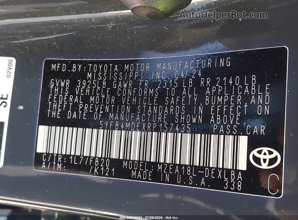 5YFB4MDEXRP157435 2024 TOYOTA COROLLA Серый Вид подкапотного пространства