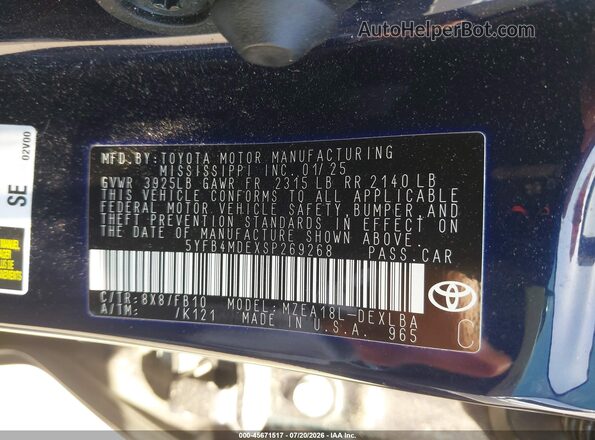 5YFB4MDEXSP269268 2025 TOYOTA COROLLA Blue Engine compartment view