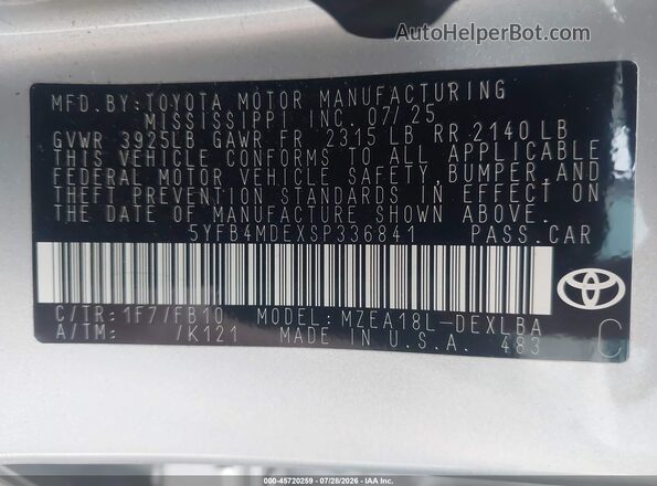5YFB4MDEXSP336841 2025 TOYOTA COROLLA Silver Engine compartment view