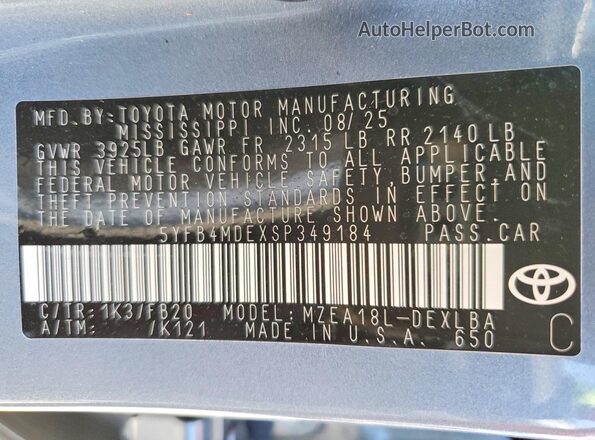 5YFB4MDEXSP349184 2025 TOYOTA COROLLA Blue Engine compartment view