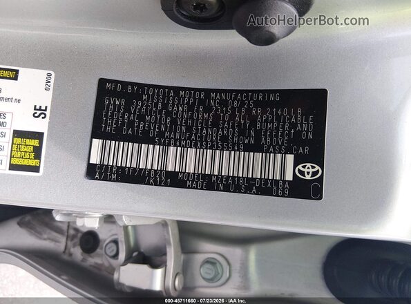 5YFB4MDEXSP355549 2025 TOYOTA COROLLA Silver Вид підкапотного простору