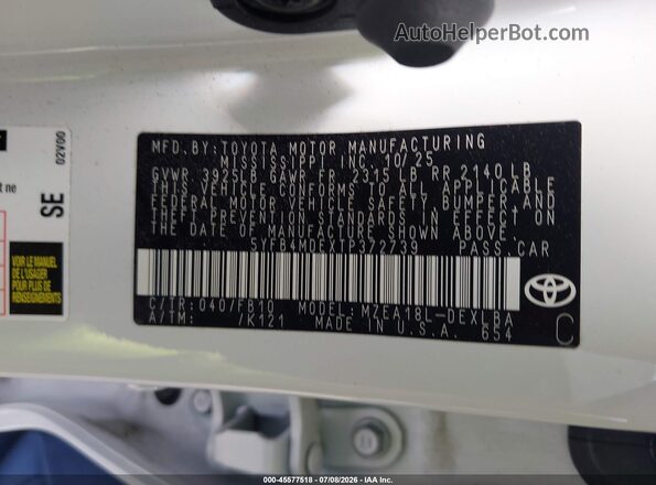 5YFB4MDEXTP372739 2026 TOYOTA COROLLA White Вид підкапотного простору