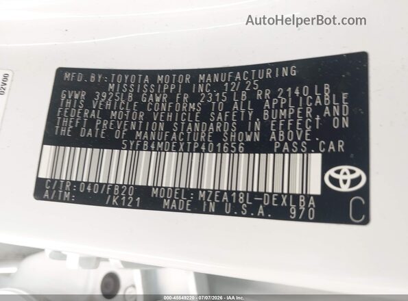 5YFB4MDEXTP401656 2026 TOYOTA COROLLA White Вид підкапотного простору