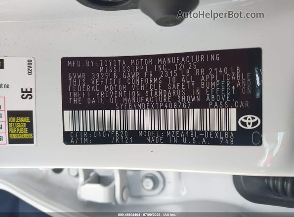 5YFB4MDEXTP408767 2026 TOYOTA COROLLA White Вид підкапотного простору