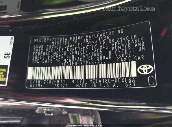 5YFB4MDEXTP457922 2026 TOYOTA COROLLA Black Widok komory silnika