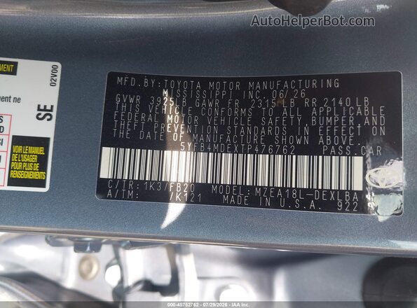 5YFB4MDEXTP476762 2026 TOYOTA COROLLA Light Blue Widok komory silnika