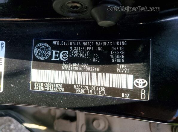 5YFB4RBE6LP003246 2020 TOYOTA COROLLA Черный Вид подкапотного пространства