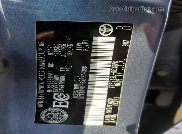 5YFBPMBE6NP274398 2022 TOYOTA COROLLA Gray Вид наклейки з VIN-кодом