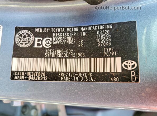 5YFBPRBE3LP121908 2020 TOYOTA COROLLA Blue ძრავის განყოფილების ხედი