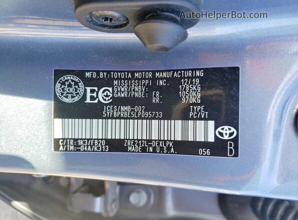5YFBPRBE5LP095733 2020 TOYOTA COROLLA Gray Engine compartment view