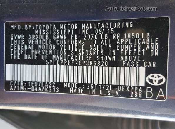 5YFBPRHE2GP386820 2016 TOYOTA COROLLA Gray Vista del compartimento del motor