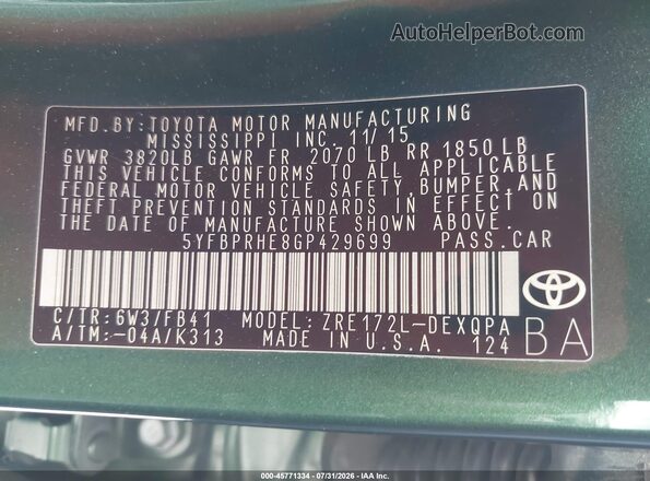 5YFBPRHE8GP429699 2016 TOYOTA COROLLA Green Engine compartment view