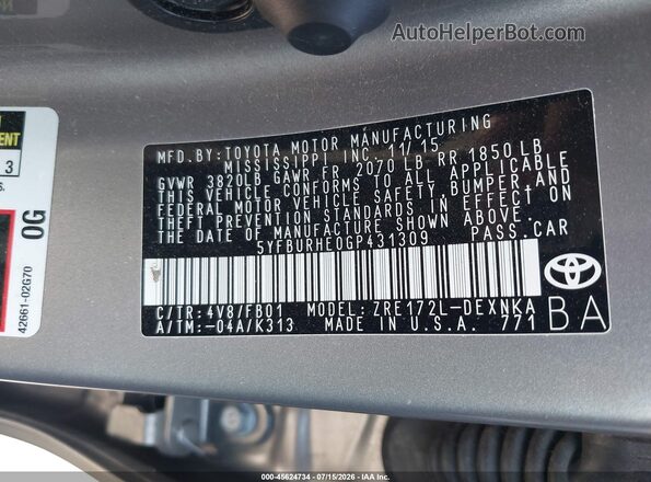 5YFBURHE0GP431309 2016 TOYOTA COROLLA Silver Вид підкапотного простору