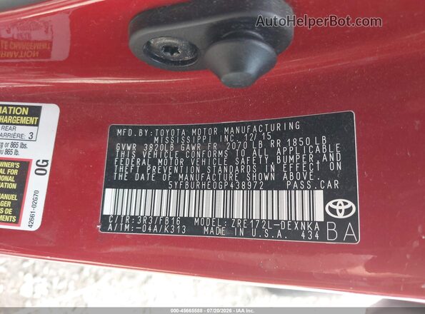5YFBURHE0GP438972 2016 TOYOTA COROLLA Red Vista del compartimento del motor