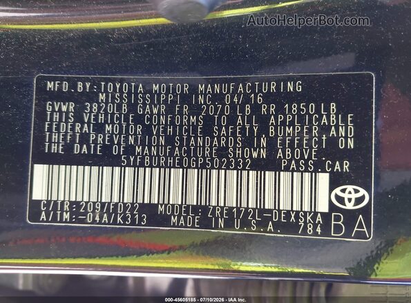 5YFBURHE0GP502332 2016 TOYOTA COROLLA Black Engine compartment view