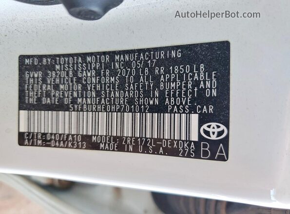 5YFBURHE0HP701012 2017 TOYOTA COROLLA Белый Вид наклейки с VIN-кодом