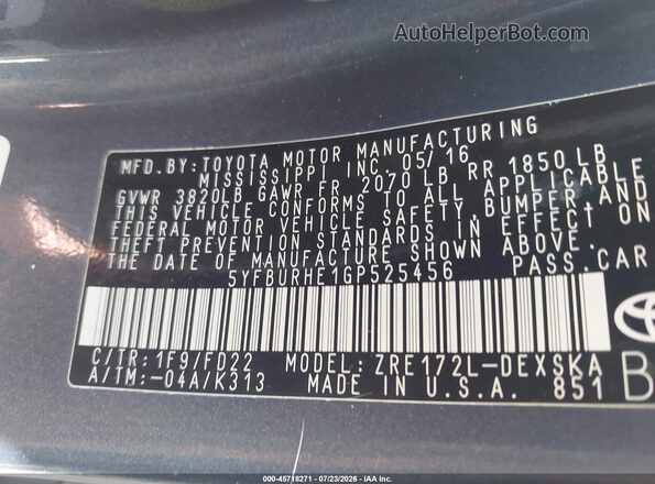 5YFBURHE1GP525456 2016 TOYOTA COROLLA Blue Vista del compartimento del motor