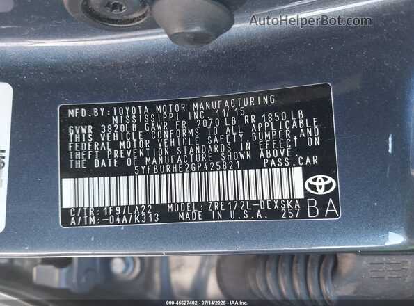 5YFBURHE2GP425821 2016 TOYOTA COROLLA Gray Widok komory silnika