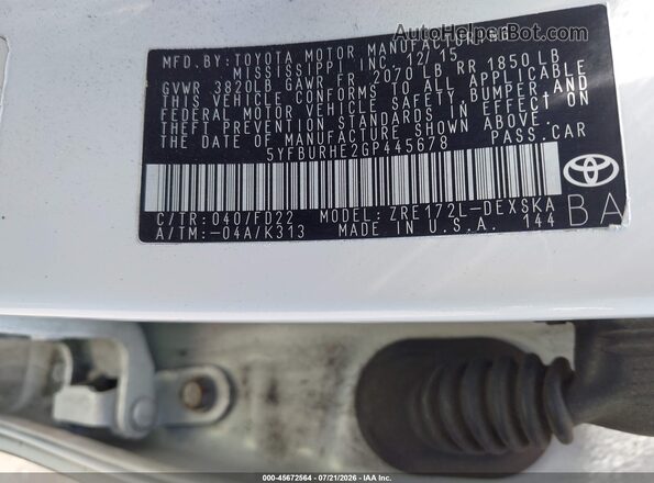 5YFBURHE2GP445678 2016 TOYOTA COROLLA Белый Вид подкапотного пространства