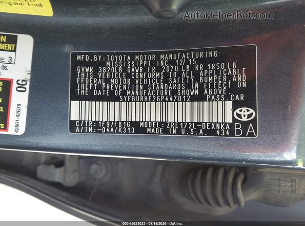 5YFBURHE2GP447012 2016 TOYOTA COROLLA Gray Вид підкапотного простору