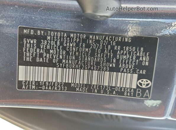 5YFBURHE2GP467289 2016 TOYOTA COROLLA Gray Engine compartment view