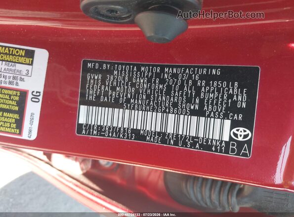 5YFBURHE2GP486005 2016 TOYOTA COROLLA Красный Вид подкапотного пространства