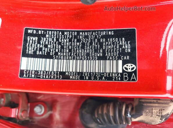 5YFBURHE2HP651939 2017 TOYOTA COROLLA Красный Вид наклейки с VIN-кодом