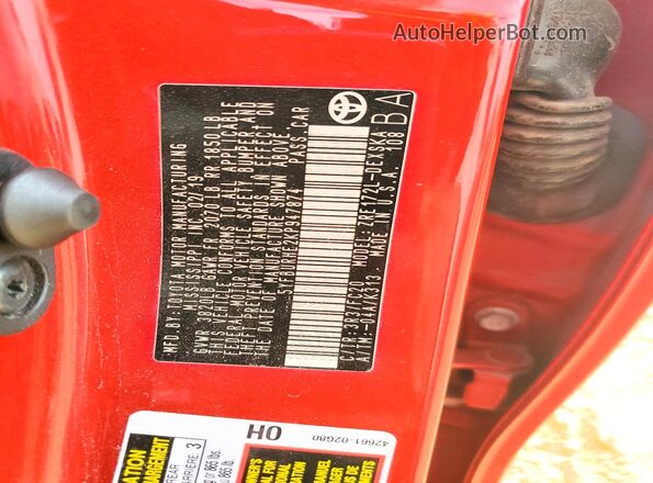 5YFBURHE2KP947874 2019 TOYOTA COROLLA Red Вид наклейки з VIN-кодом
