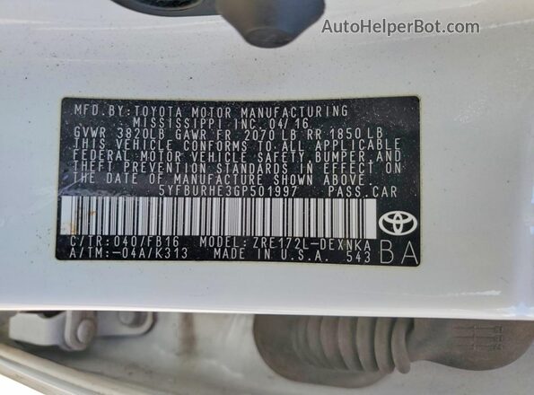5YFBURHE3GP501997 2016 TOYOTA COROLLA Белый Вид наклейки с VIN-кодом