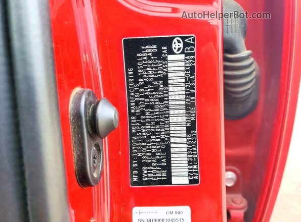 5YFBURHE4GP384818 2016 TOYOTA COROLLA Red Widok naklejki z numerem VIN