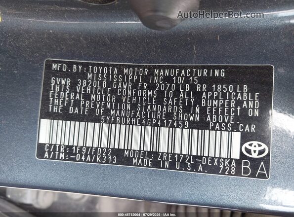 5YFBURHE4GP417459 2016 TOYOTA COROLLA Blue Շարժիչի բաժամունքի տեսք