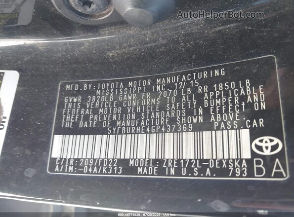 5YFBURHE4GP437369 2016 TOYOTA COROLLA Черный Вид подкапотного пространства