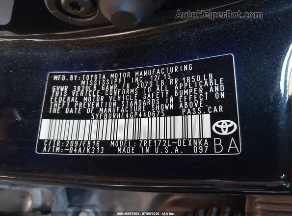 5YFBURHE4GP440675 2016 TOYOTA COROLLA Black Շարժիչի բաժամունքի տեսք