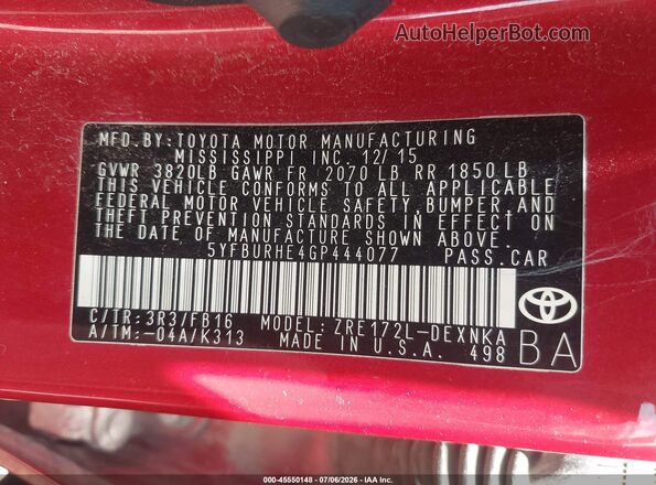 5YFBURHE4GP444077 2016 TOYOTA COROLLA Red Widok naklejki z numerem VIN