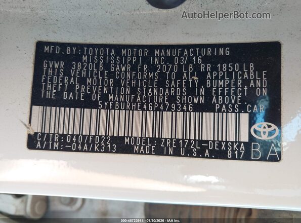 5YFBURHE4GP479346 2016 TOYOTA COROLLA White Widok komory silnika