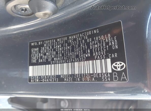 5YFBURHE4GP495157 2016 TOYOTA COROLLA Maroon Engine compartment view