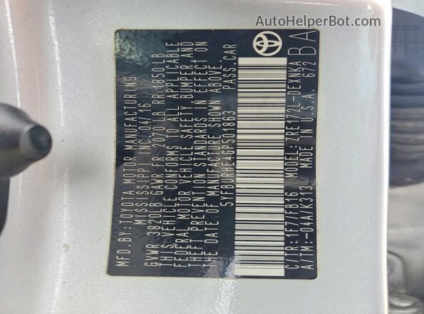 5YFBURHE4GP501863 2016 TOYOTA COROLLA Silver Vista de la etiqueta del VIN