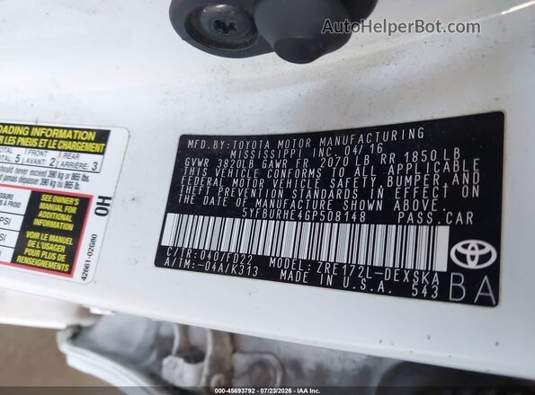 5YFBURHE4GP508148 2016 TOYOTA COROLLA White Widok komory silnika