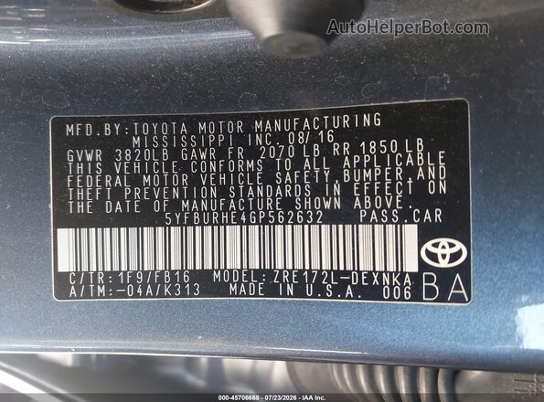 5YFBURHE4GP562632 2016 TOYOTA COROLLA Gray Engine compartment view