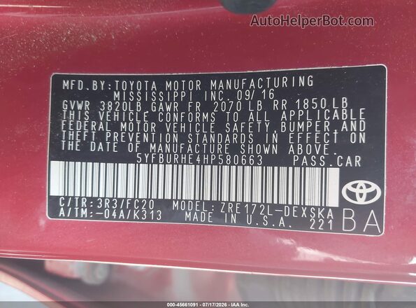 5YFBURHE4HP580663 2017 TOYOTA COROLLA Maroon Vista del compartimento del motor