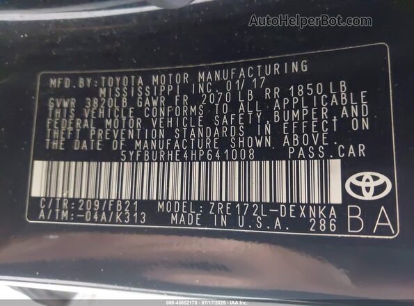 5YFBURHE4HP641008 2017 TOYOTA COROLLA Черный Вид подкапотного пространства