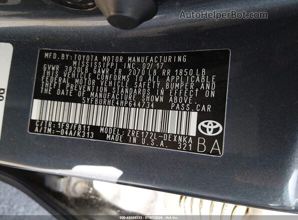 5YFBURHE4HP644734 2017 TOYOTA COROLLA Gray Widok komory silnika