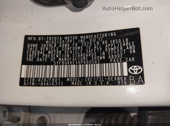 5YFBURHE4HP660562 2017 TOYOTA COROLLA White Engine compartment view