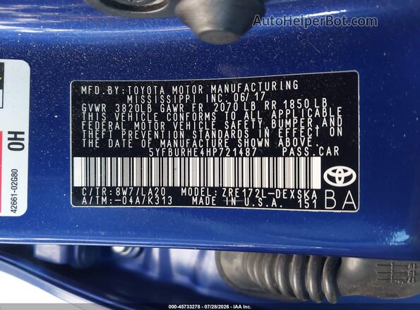 5YFBURHE4HP721487 2017 TOYOTA COROLLA Синий Вид подкапотного пространства