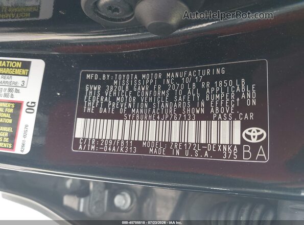 5YFBURHE4JP767133 2018 TOYOTA COROLLA Black Widok komory silnika