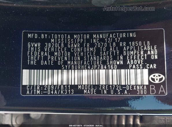 5YFBURHE4JP784160 2018 TOYOTA COROLLA Black Widok komory silnika