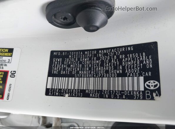 5YFBURHE4JP788080 2018 TOYOTA COROLLA Белый Вид подкапотного пространства