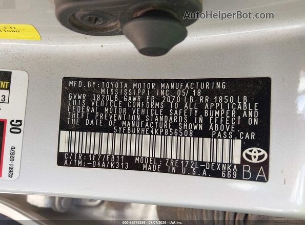5YFBURHE4KP856508 2019 TOYOTA COROLLA Silver Widok komory silnika